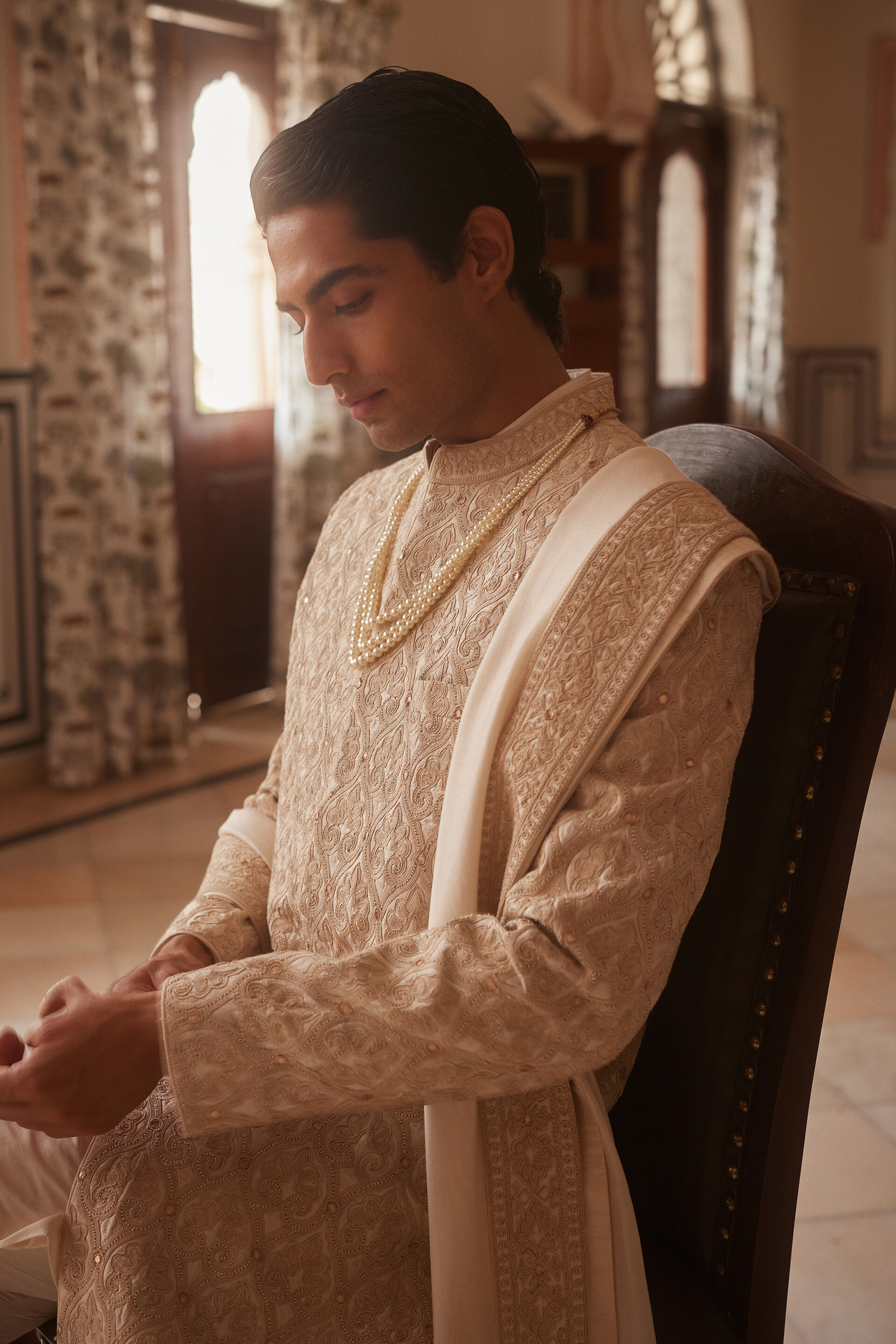 Vismay Gota Patti Silk Sherwani - Ivory, Ivory, image 4